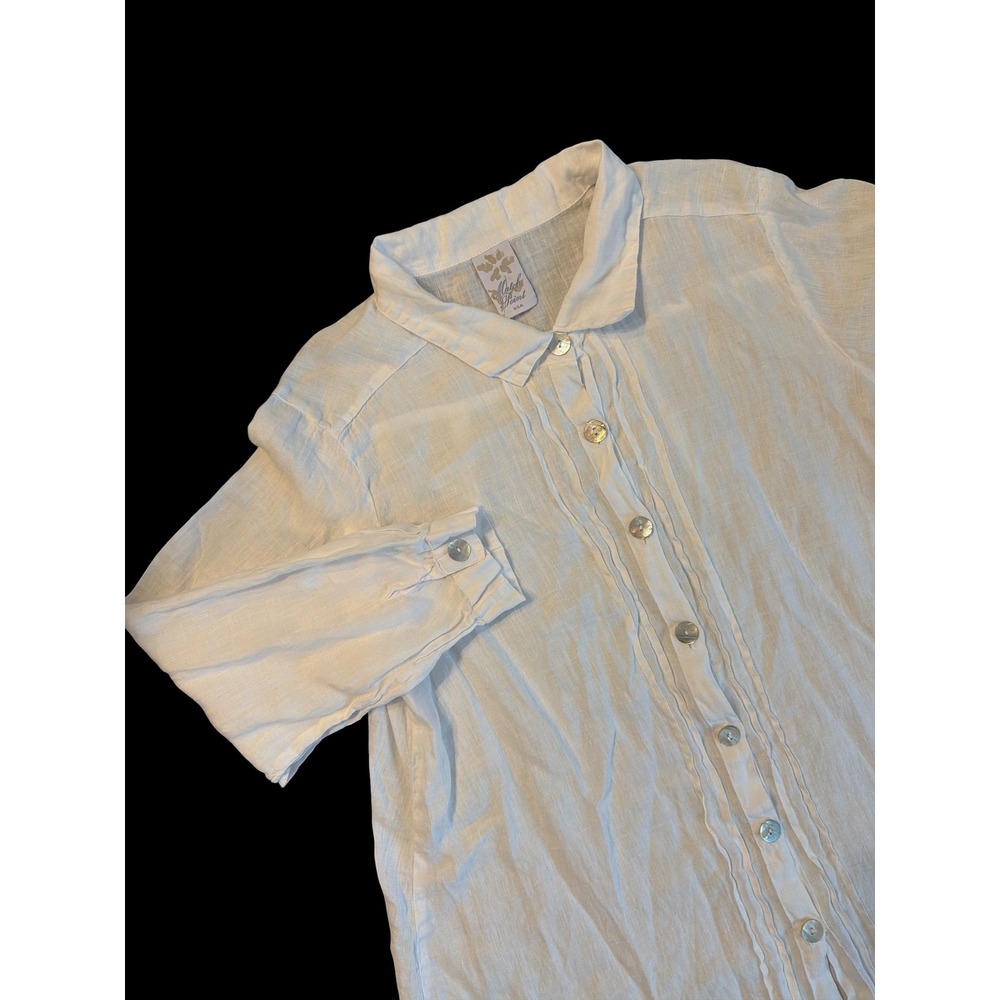100% Linen Match Point USA Women's White Button mother pearl pin tuck Shirt M